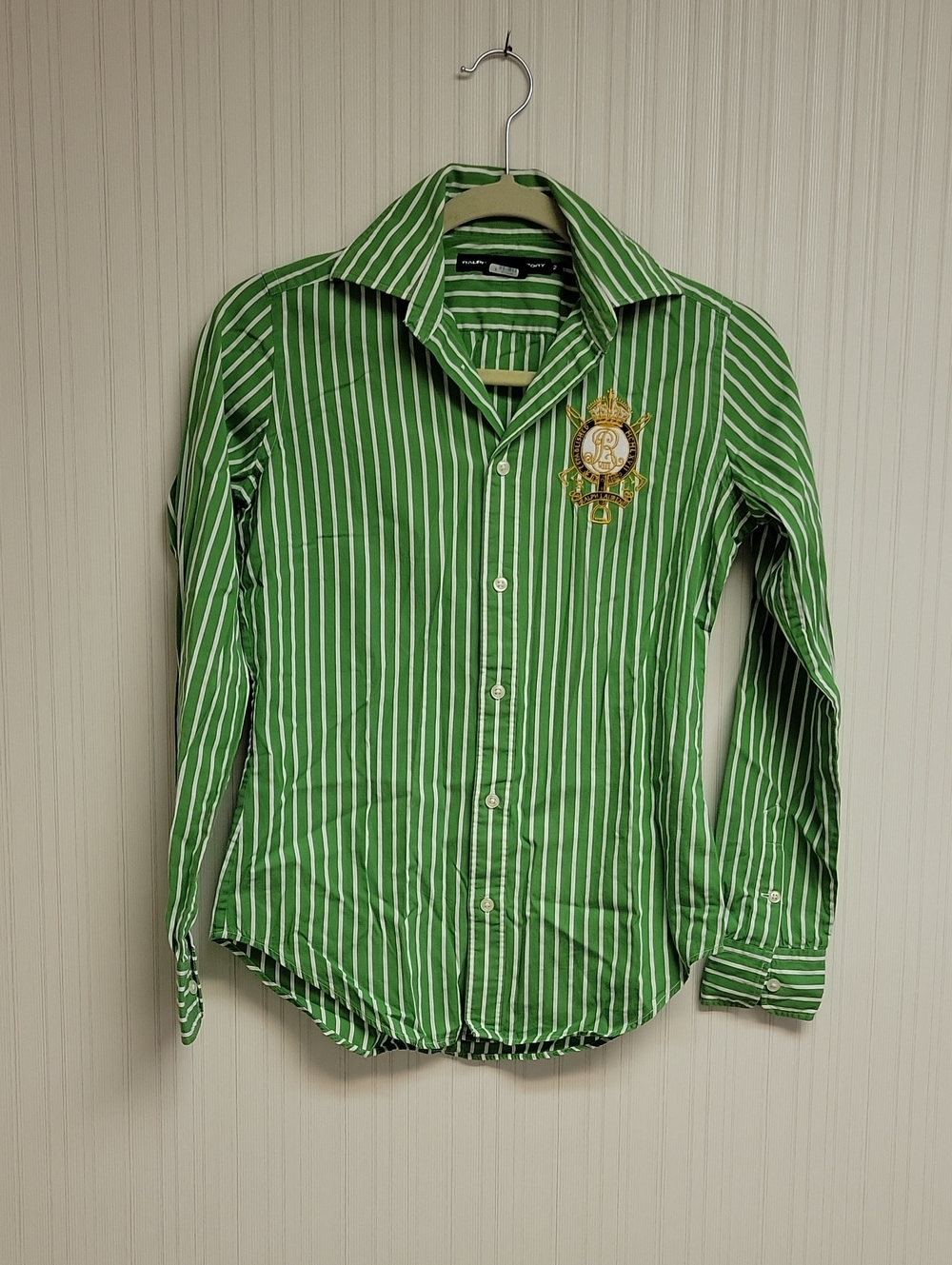 Ralph Lauren Green & White Striped Button-Down with Crest Sz 2 Preppy Old Money